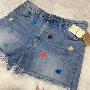 NWT Lucky Brand Lucky Pins High Rise Denim Shorts Size 12/31 Colorful Pom Frayed